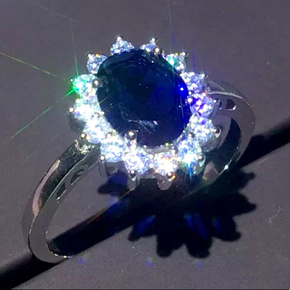 Blue Sapphire & White Topaz 925 Sterling Silver Women’s Ring